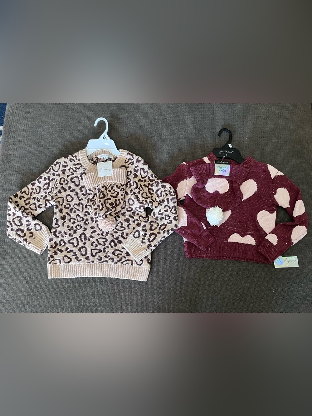 New Girls' Sweaters and Hats Sets Burgundy Heart Knit and Tan and Brown Knit